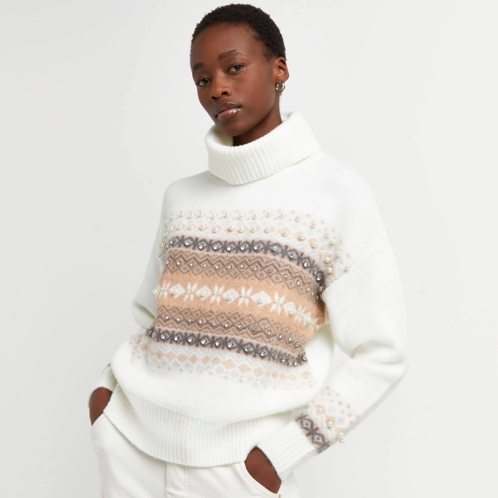 River Island Fairisle Embellished Rhinestone and Pearl Sweater